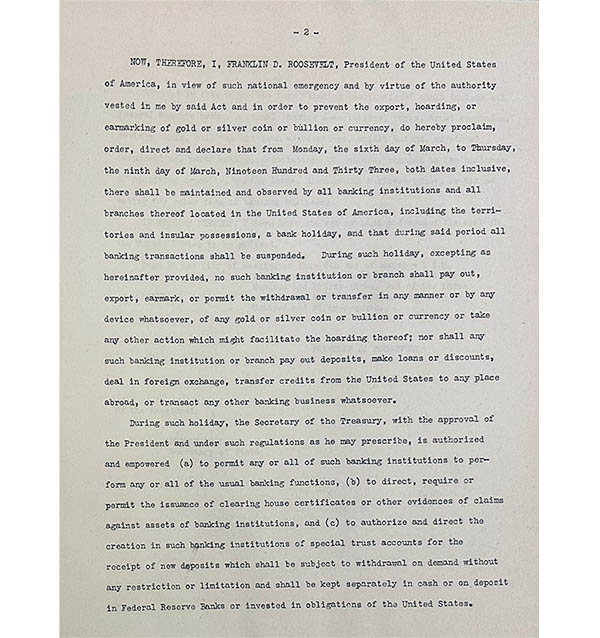 Image of Proclamation by President Franklin D. Roosevelt announcing the bank holiday from March 6 - 9, 1933 (page 2).