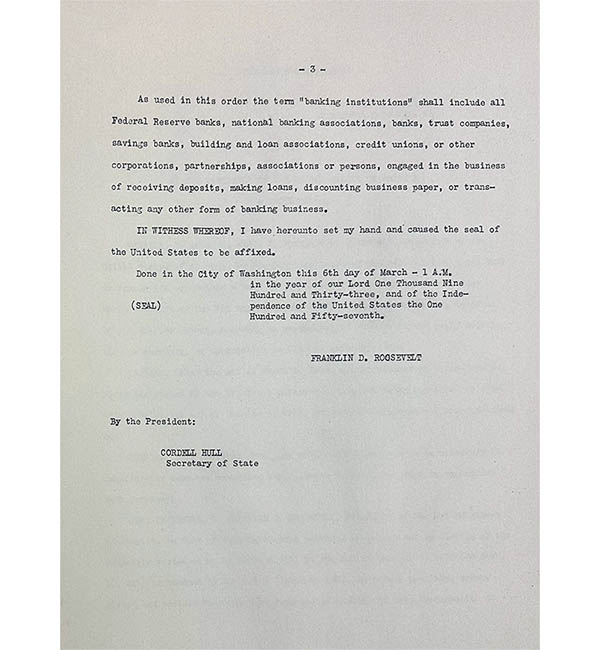 Image of Proclamation by President Franklin D. Roosevelt announcing the bank holiday from March 6 - 9, 1933 (page3).