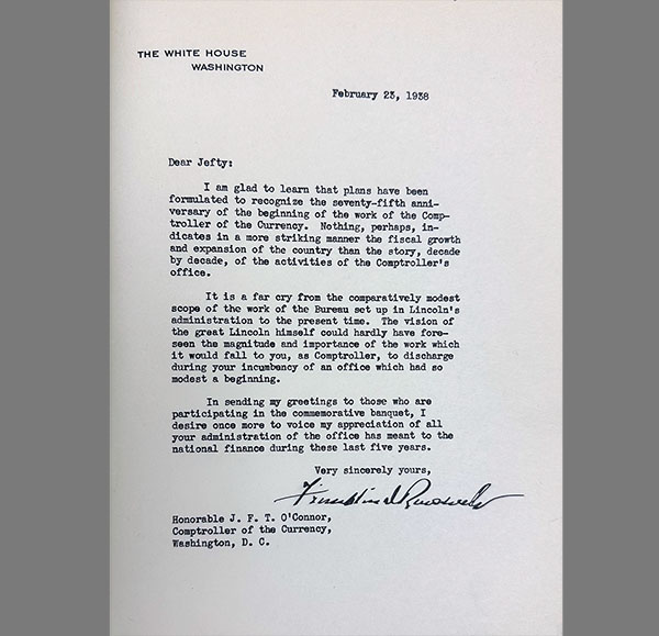 Image of a letter from President Franklin D. Roosevelt commemorating the OCC’s 75th anniversary.