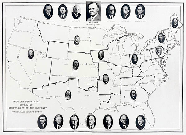 Image of a breakdown of the districts and their lead bank examiners under Comptroller James F.T. O’Connor.